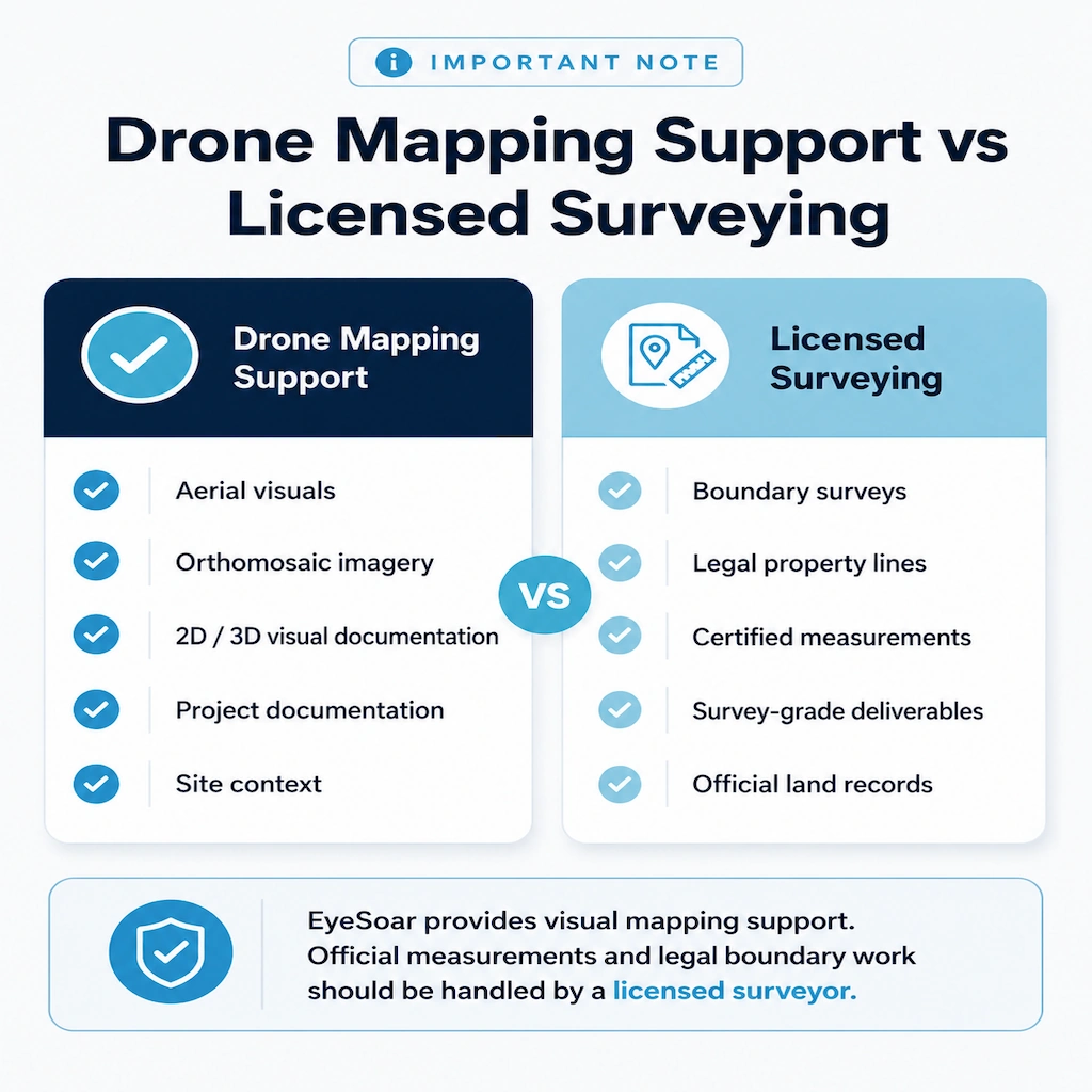 Drone mapping support vs licensed surveying comparison graphic