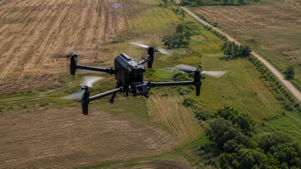 An aerial drone photo of a survey drone mappnig a field outside of Terre Haute Indiana